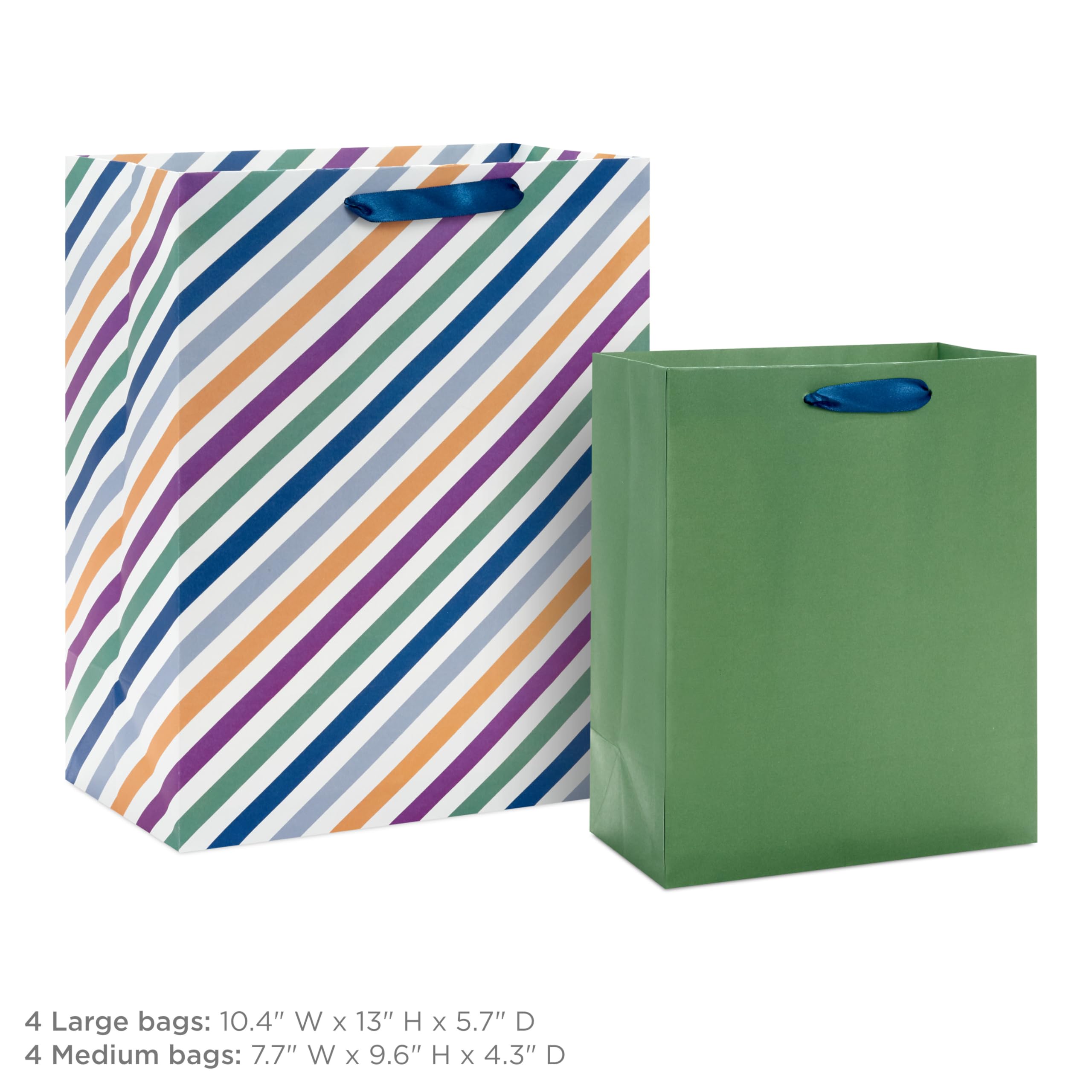 Hallmark Solid Gift Bag Assortment (8 Bags: 4 Medium 9", 4 Large 13") Blue, Green, Orange, Cheers, Stripes