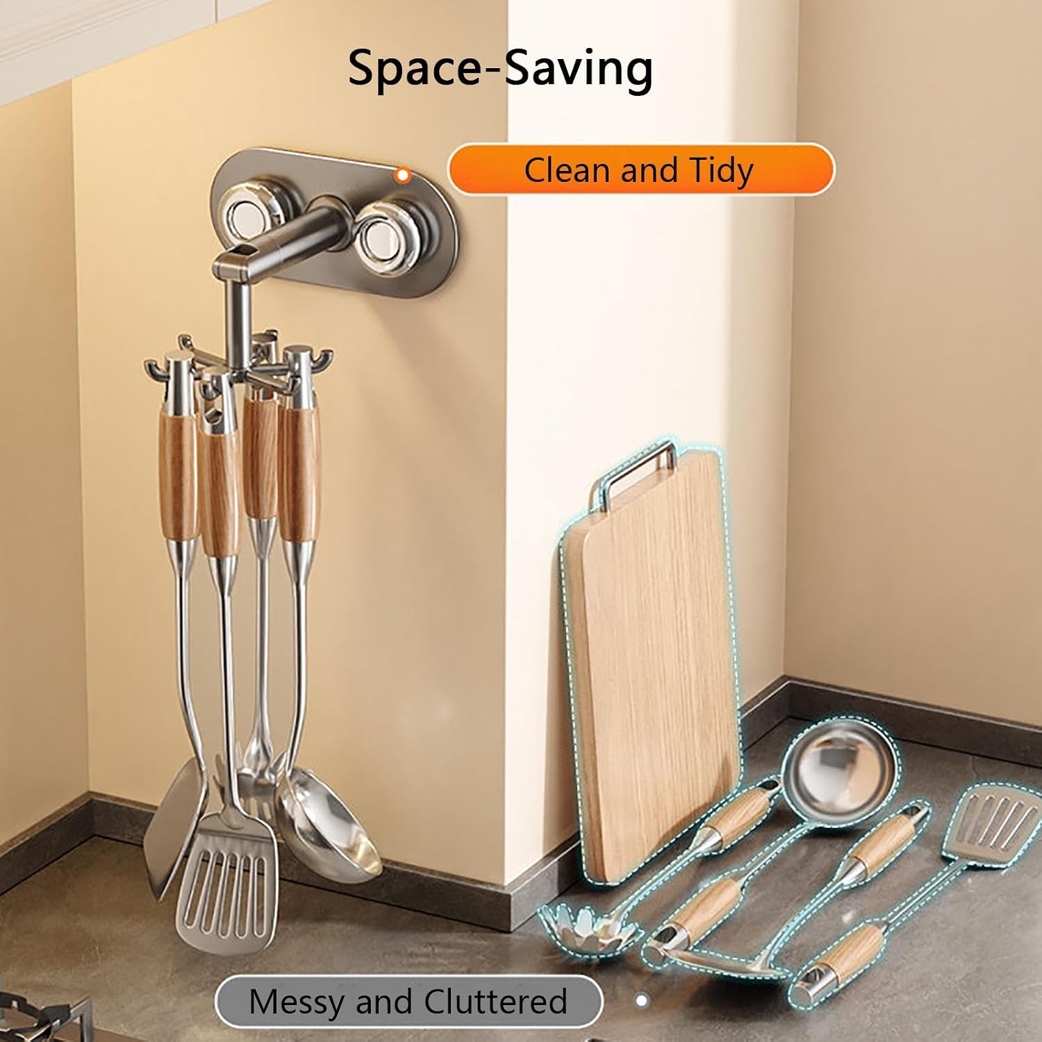 360° Rotating Kitchen Utensil Hook, Wall Mounted Utensil Rack, Space Saving Organizer with 8 Hooks for Cooking Tools, Spoons, Whisks