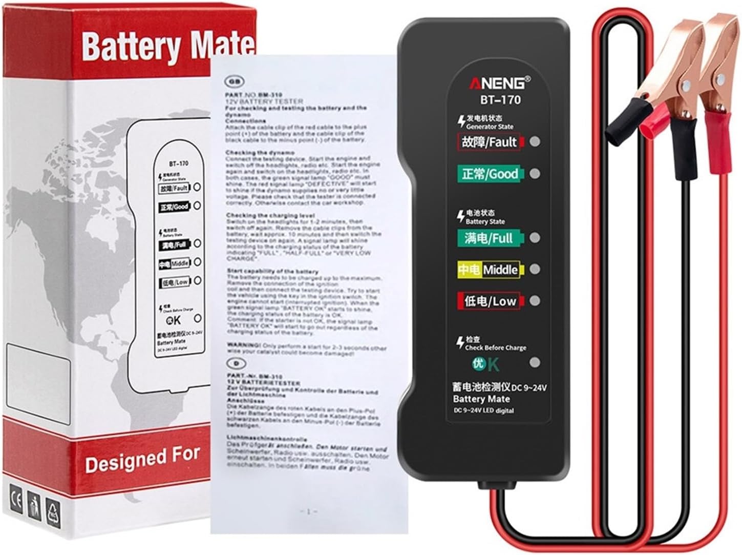 BT-170 12V Car Motorcycle Tester Fault Detector Battery Tester Digital Alternator Tester Car Diagnostic Tool Auto Repair