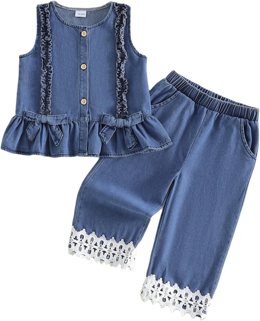 Summer Toddler Girl Jean Outfit Button Tank Tops Lace Hem Denim Pants Set Little Girl Jeans Clothes