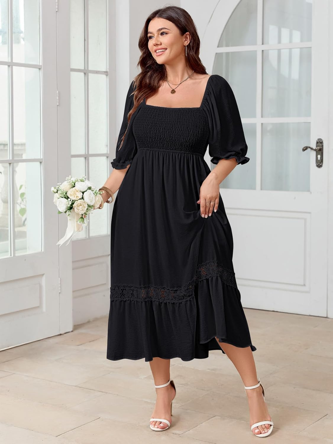 SCOMCHIC Women's Plus Size Maxi Dress Short Sleeve Square Neck Smocked Flowy A-Line Lace Trim Boho Wedding Guest Dresses - Image 2