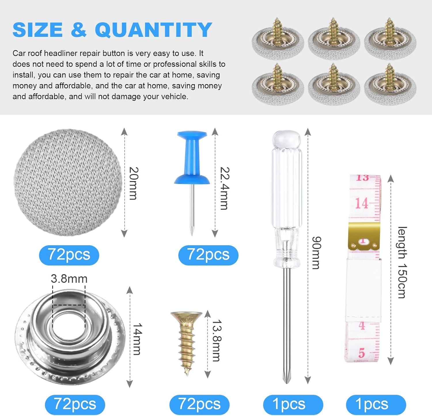 Adiwo Kit Riparazione Cielo Auto, 72 PCS Vite per Riparazione Tetto Auto, Set di Riparazione Cielo Auto con Spille, Cacciavite, Metro a Nastro per Tutte Auto Riparazione Cielo Auto (Grigio)