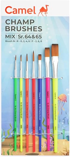 Camel Plastic Champ Brushes Set of 7 | Round & Flat Brushes for Water, Poster & Acrylic Colors | Perfect for Kids, Hobbyis...