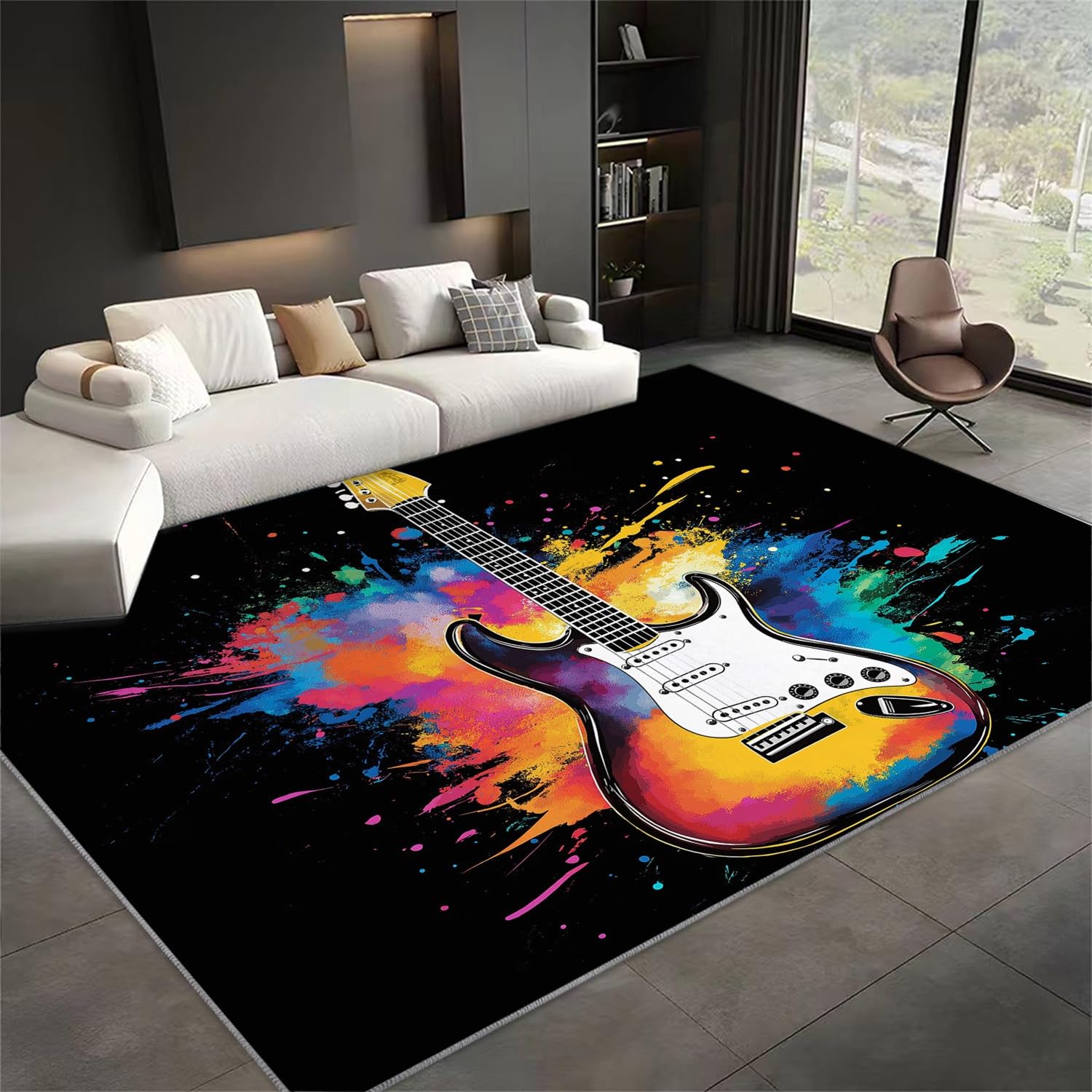 Tapis Salon Instrument de Musique Rock Guitare pour Chambre Tapis Poils Ras 100 x 160 cm, Art Musical Tapis de Salon, Tapis Rectangulaire Antidérapant, Idéal pour Les Salons et Les Couloirs