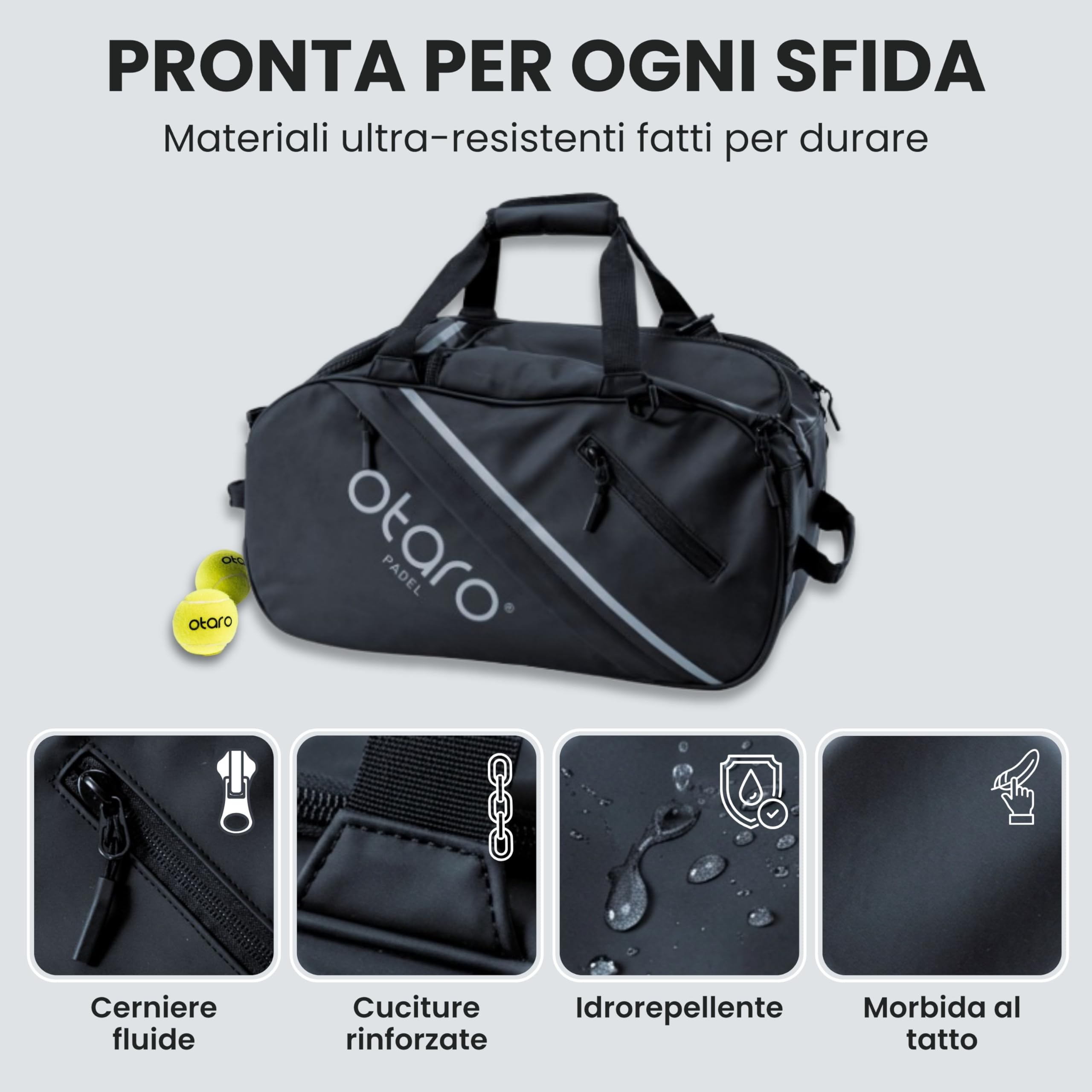 Otaro Borsa Padel 60L | Zaino con porta scarpe, vano termico e laptop | Custodia racchetta padel per 2 racchette, vestiti e accessori | Sistema di trasporto 4 in 1 | Borsa padel uomo e donna (Nero)