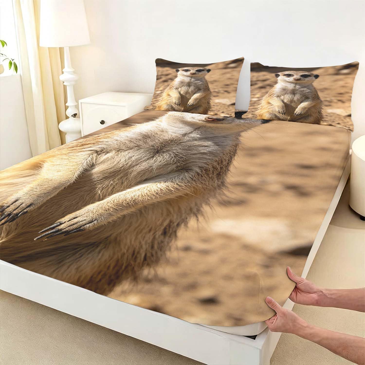 Drap Housse 180x200 cm Suricate 3D Drap-Housse Animaux Africains Draps Housses Microfibre 2 Personnes avec 2 Taie d'oreillers pour Matelas Épais XCW6188