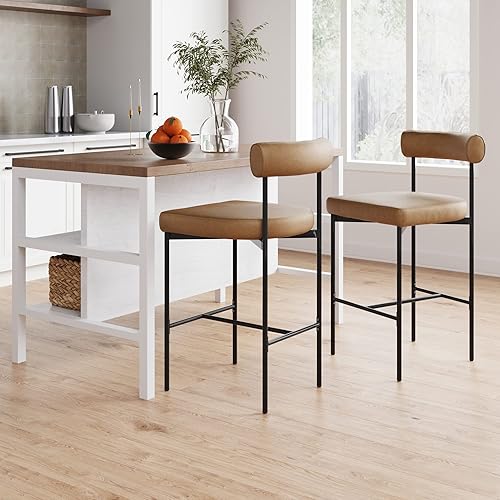 Miniatura 32 de Nathan James - Dahlia - Silla alta, moderno taburete alto con respaldo, patas de metal estilo mediados de siglo y cojín acolchado de piel, para