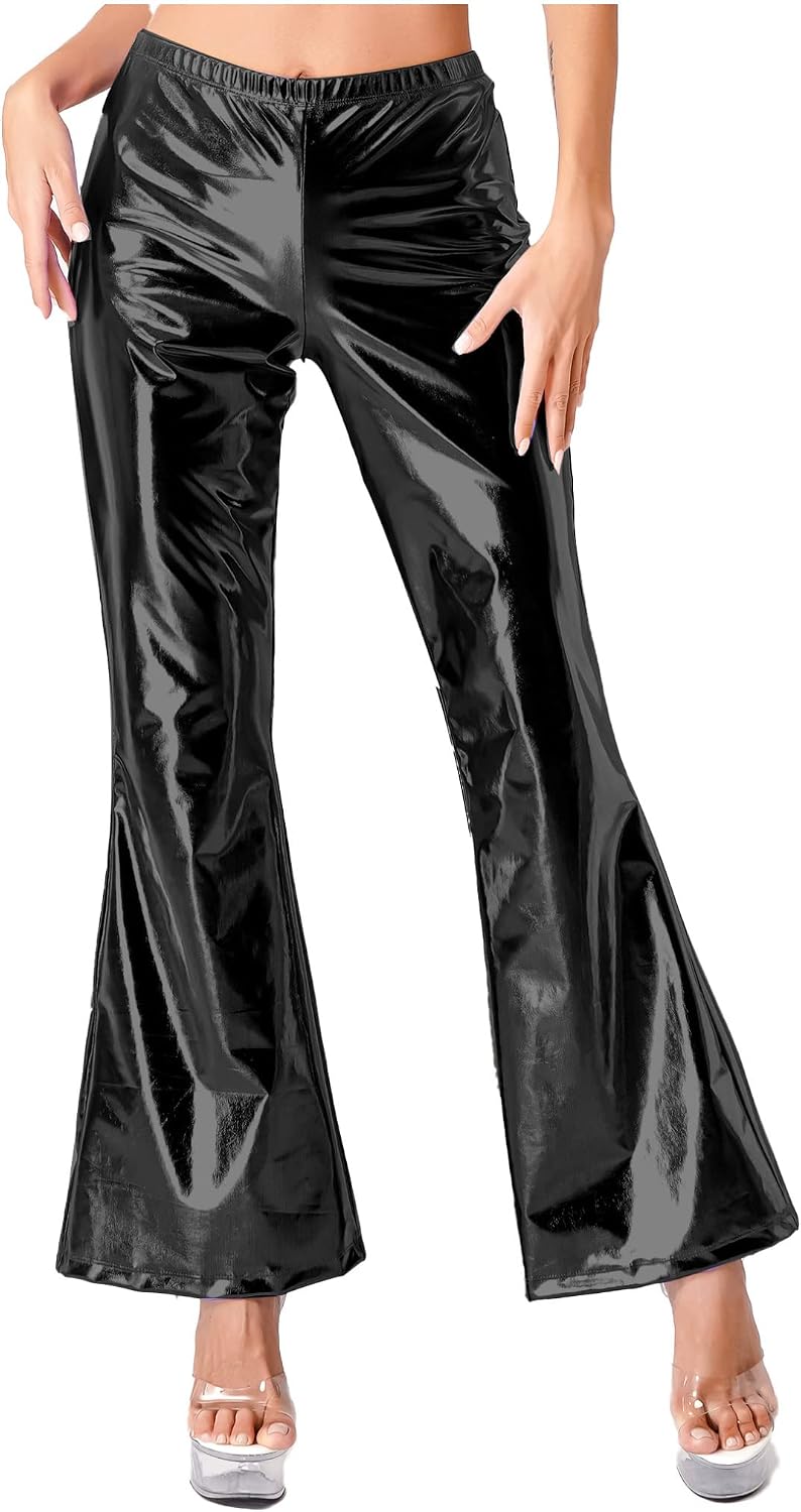 Hularka Women's Shiny Club Flared Pants Elastic Waistband Holographic 70s Disco Bell Bottom Pants