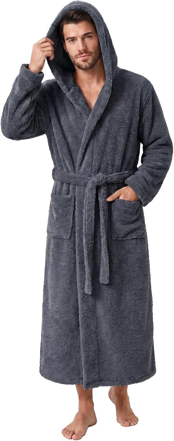 U2SKIIN Mens Fleece Robes, Soft Plush Long Bathrobe, Comfy Robes for Mens, Warm Hooded House Coat