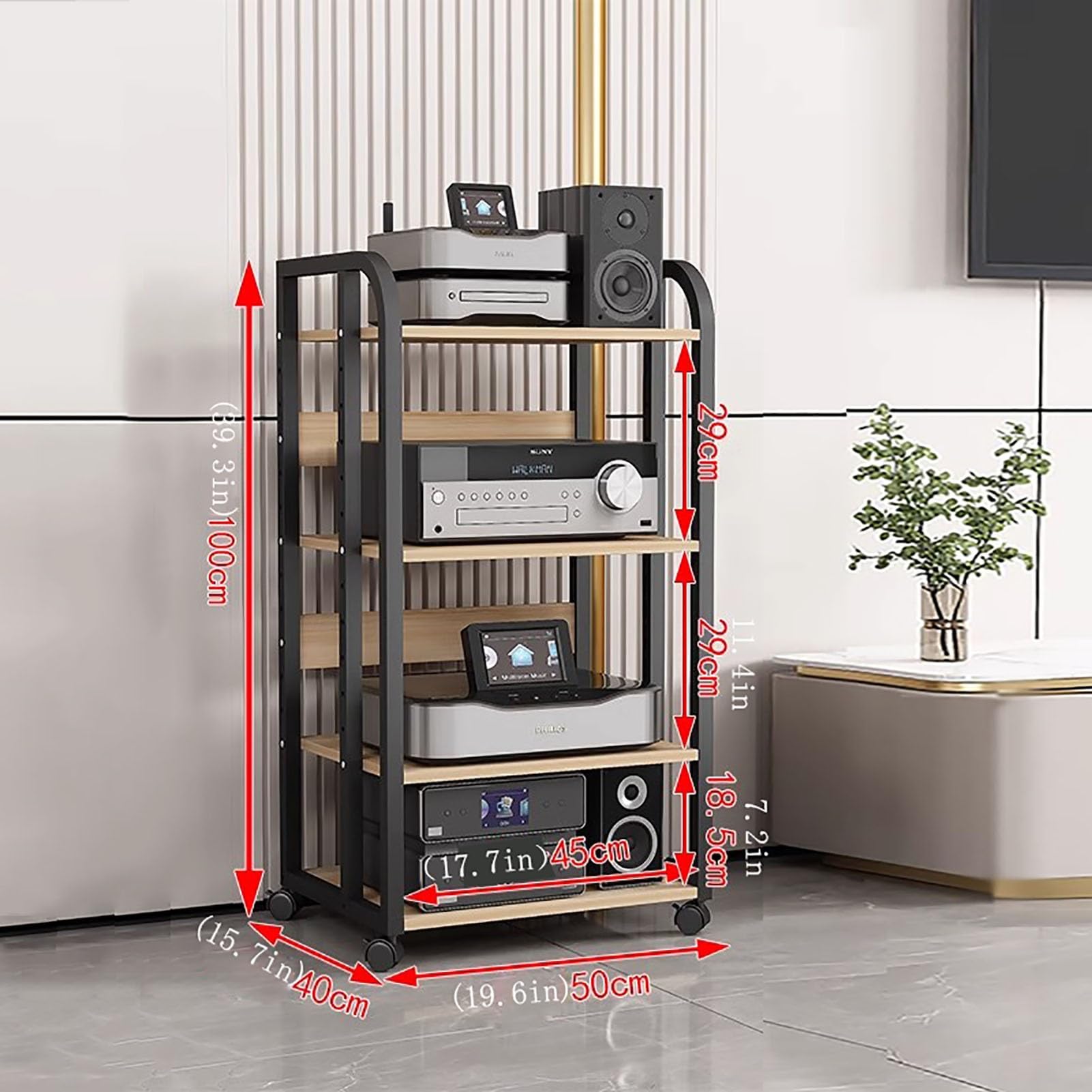 HOFSSI Modern Movable 5-Tier Audio Vedio-Media Stand Corner Shelf, CD Stereo Storage Shelf Wooden Component Cabinet, for Home/Office/Audio Video/DJ/Theater 50x40x100cm