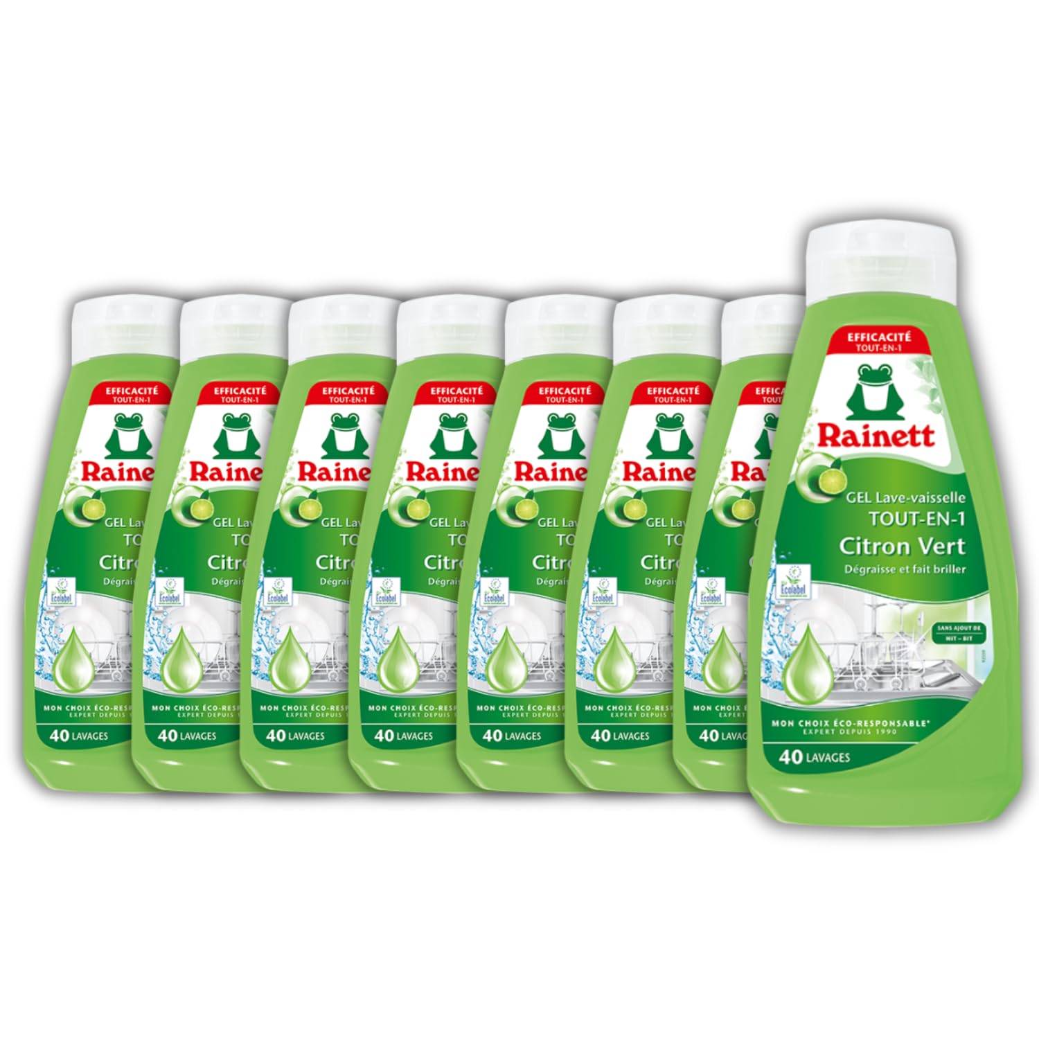RAINETT - Gel Lave-Vaisselle Tout-en-Un au Citron Vert - Résultat Brillant, Sans Traces - Flacon 100% PET Recyclé - Ecolabel - 650ml - Pack de 8