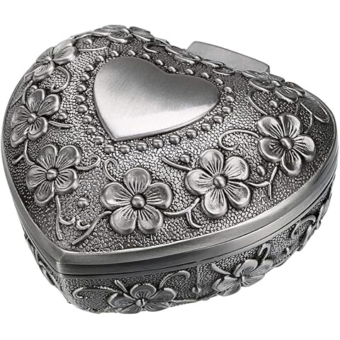 RONGKUN Vintage Heart Shape Jewelry Box, Antique Ring/Earrings/Necklace Box, Metal Treasure Chest Trinket Keepsake Christmas Gift Box for Wedding, s Day Cover