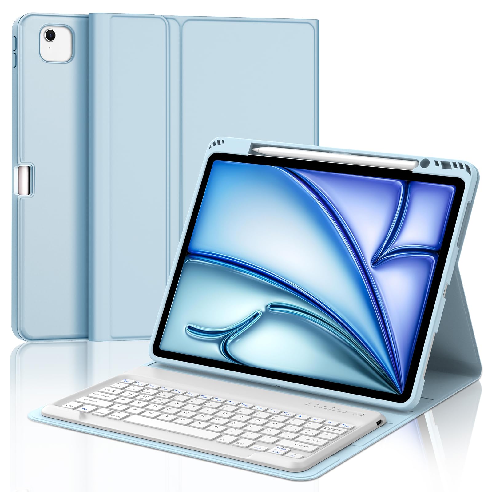 Funda con Teclado para iPad Air 13 Pulgadas (M3 2025, M2 2024)/iPad Pro 12.9 Pulgadas (6.ª/5.ª/4.ª/3.ª Generación), Teclado Bluetooth Inalámbrico con Funda Delgada y Ranura para Bolígrafo-Azul Claro