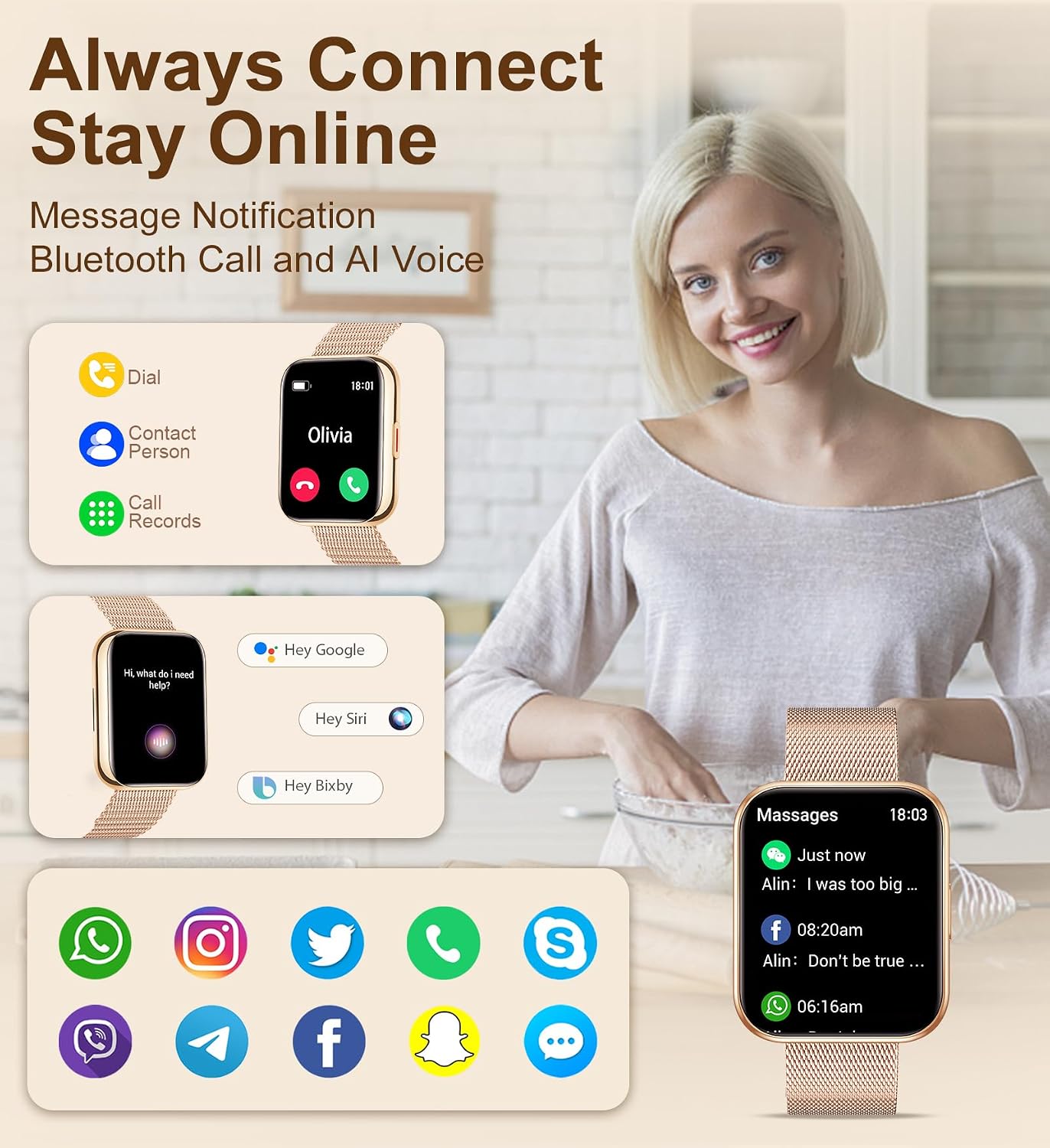 Iaret Smartwatch displaying call and message notifications, and voice assistant integration