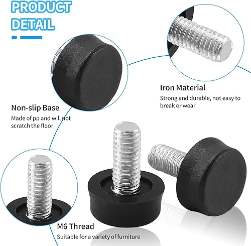 Miniatura 3 de Biaungdo 24 niveladores ajustables para muebles, pies de nivelación ajustables M6x15mm atornillables para muebles, niveladores de pies deslizantes