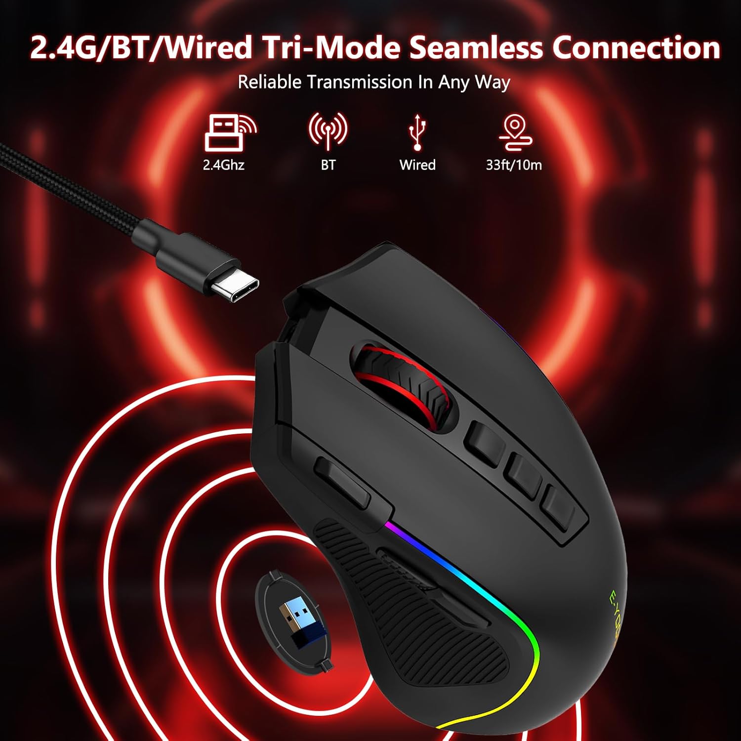 E-YOOSO Wireless Gaming Mouse, Tri-Modes 2.4G/BT/USB-C Wired Rechargeable RGB Mice with 9 Programmable Buttons, 8000 DPI, Rapid Fire Key, Ergonomic Optical Gamer Mouse Software Supports DIY Keybinds