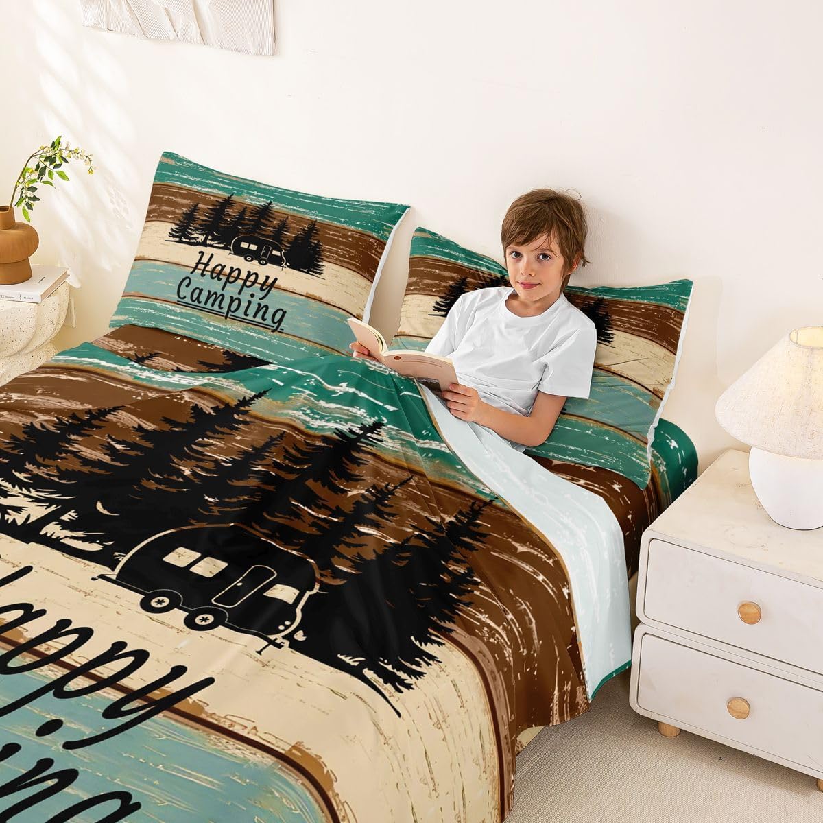 Erosebridal Happy Camping Bedding Vintage Camper Twin Sheets Deep Pocket, Rustic Bed Sheets for Children Boys Girls Farmhouse Sheet Set, Camper Accessories for Travel Trailers,Camper Must Haves 2022 image 3