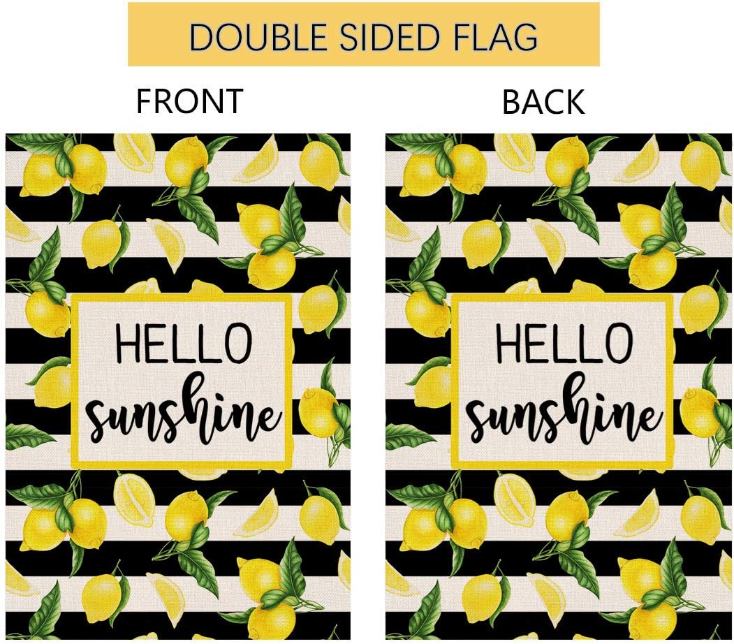 Hello Sunshine Lemon Stripe Summer Small Garden Flag Vertical Double Sided Spring Farmhouse Burlap Yard Outdoor Decor 12.5 x 18 Inches (167639)