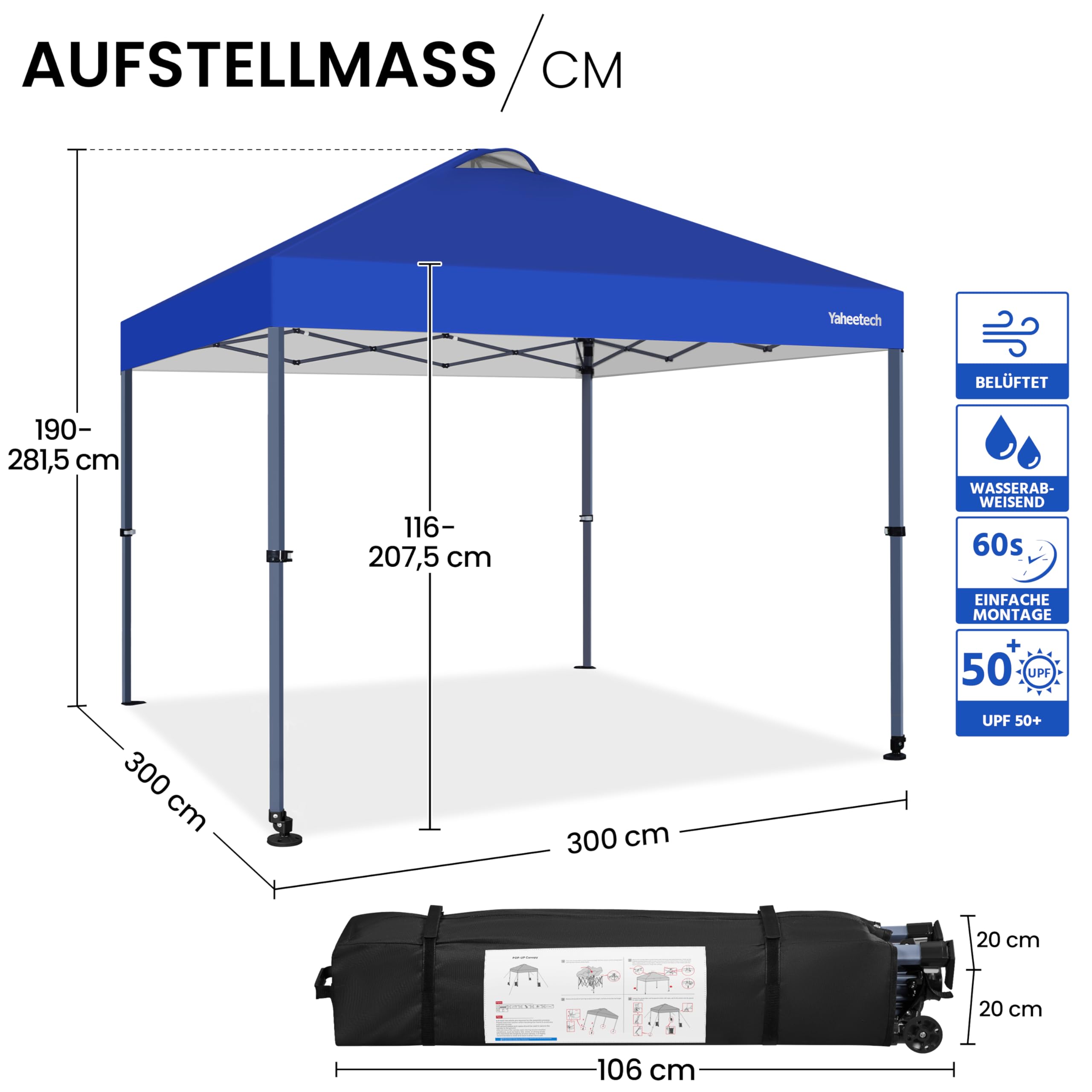 Yaheetech Faltpavillon 3x3m Pop Up Pavillon Wasserdicht Stabil Winterfest Gartenpavillon auf Rollen Gartenzelt Höhenverstellbar mit Tragtasche, Blau