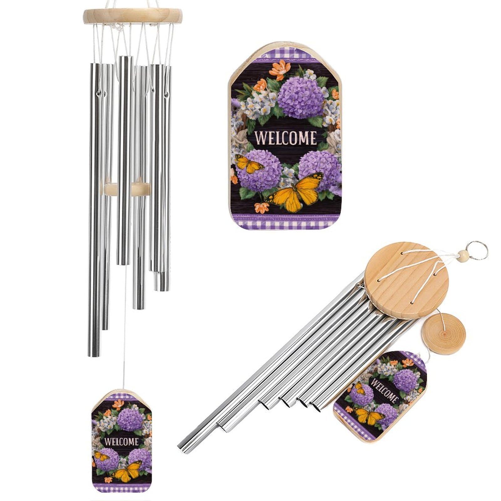 Purple Hydrangeas Orange Flowers Yellow Butterflies Wind Chimes Memorial Deep Tone Windchime with 6 Aluminum Tubes Outdoor Backyard Garden Decoration