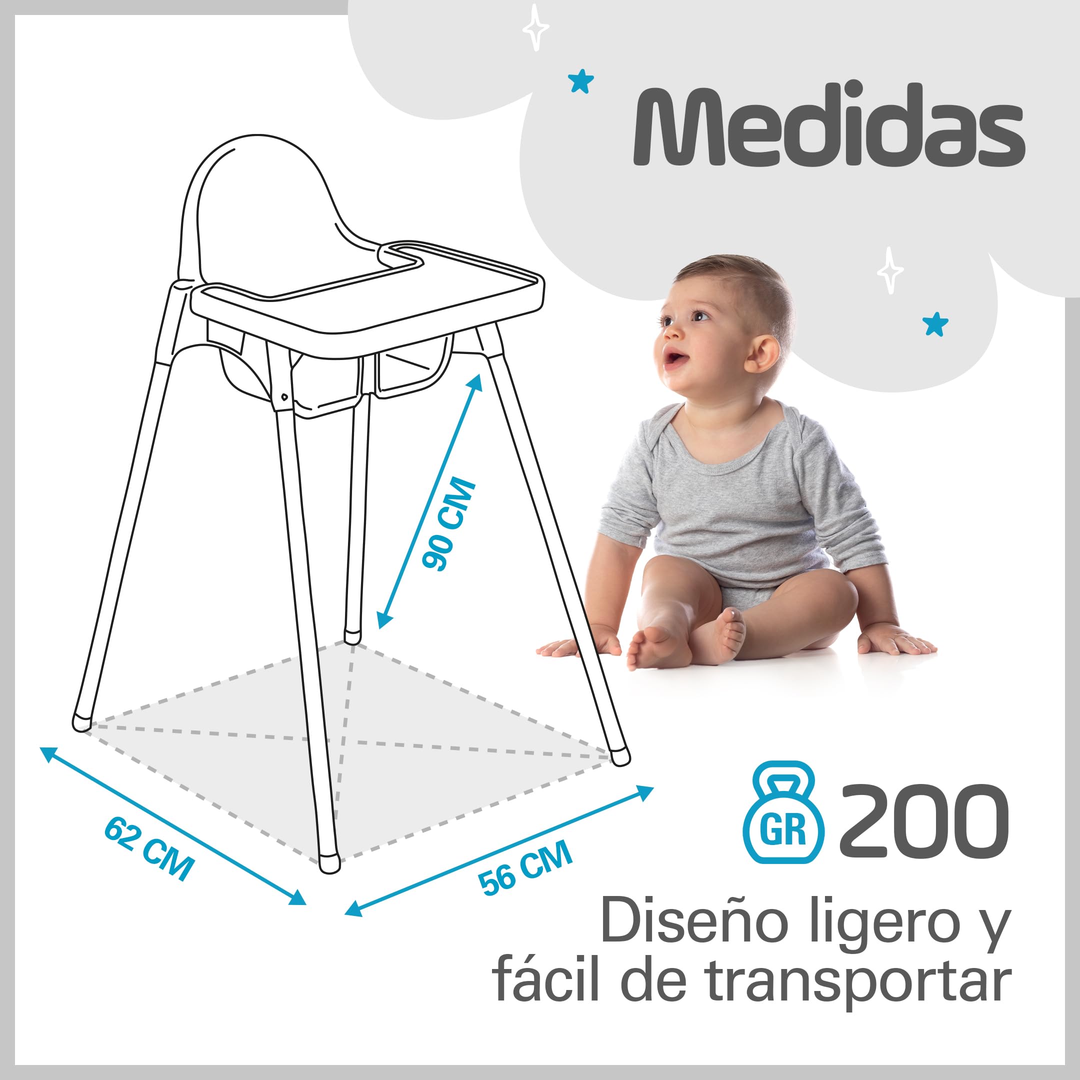 PLASTIMYR Tronas Bebe Light para 6 Meses a 3 Años hasta 15 kg – Silla de Comer para Bebe Resistente a Manchas, Bandeja Extraíble y Arnés de Seguridad - Trona Infantil Fácil de Limpiar 83x44x47 cm