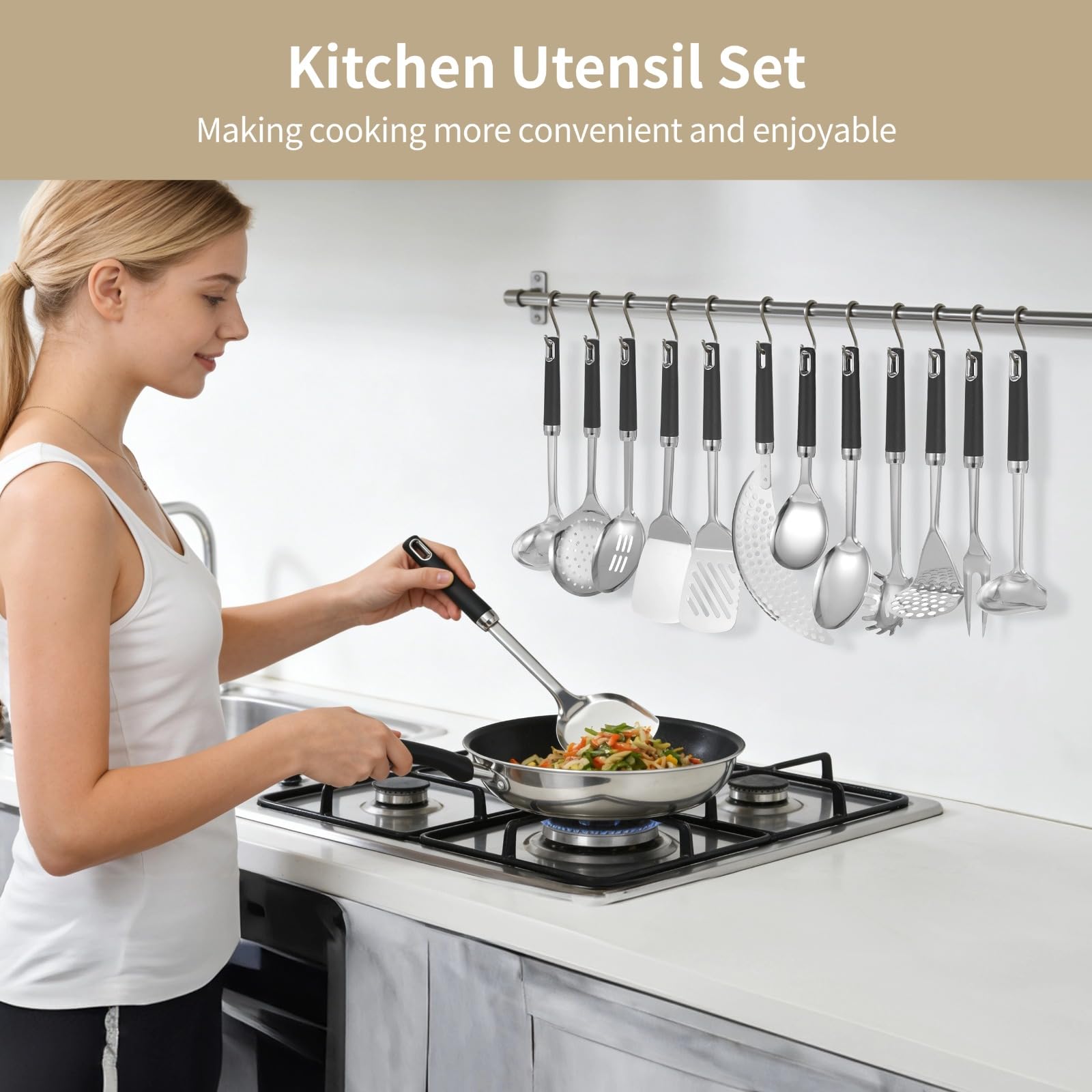 13-teiliges Kochutensilien-Set aus Edelstahl, hitzebeständige Griffe, spiegelpoliert, spülmaschinengeeignet, mit Schlitzspatel, Kelle, Schaumlöffel, Löffel und Gabel für die Küche