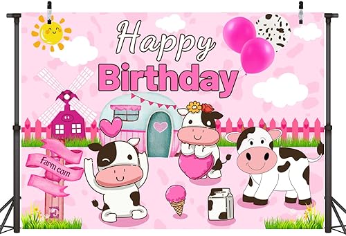 Miniatura 3 de Sensfun Fondo de fiesta de cumpleaños de vaca rosa acuarela de animales de granja con temática de vaca, fondo de fotografía de cumpleaños, estampado