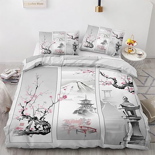 Funda de edredón japonesa tamaño matrimonial  Juego de ropa de cama de flor de cerezo japonés  3 piezas  Funda de edredón con patrón de microfibra