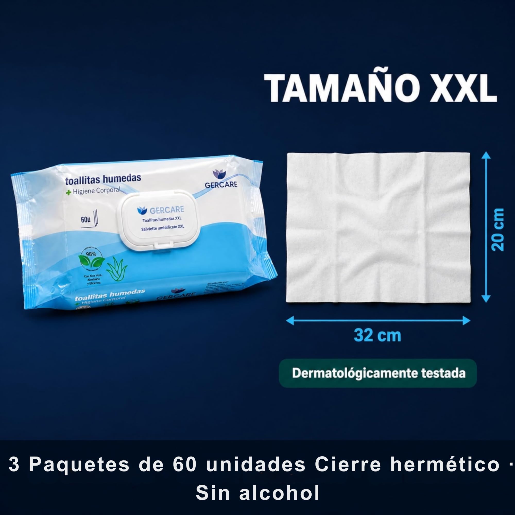 Toallitas Húmedas Adultos XXL con Aloe Vera 180 Unidades (3x60) | Toallitas Higiene Corporal para Personas Mayores, Dependientes y Encamados | Extra Grandes, Suaves, Resistentes y Dermatológicas