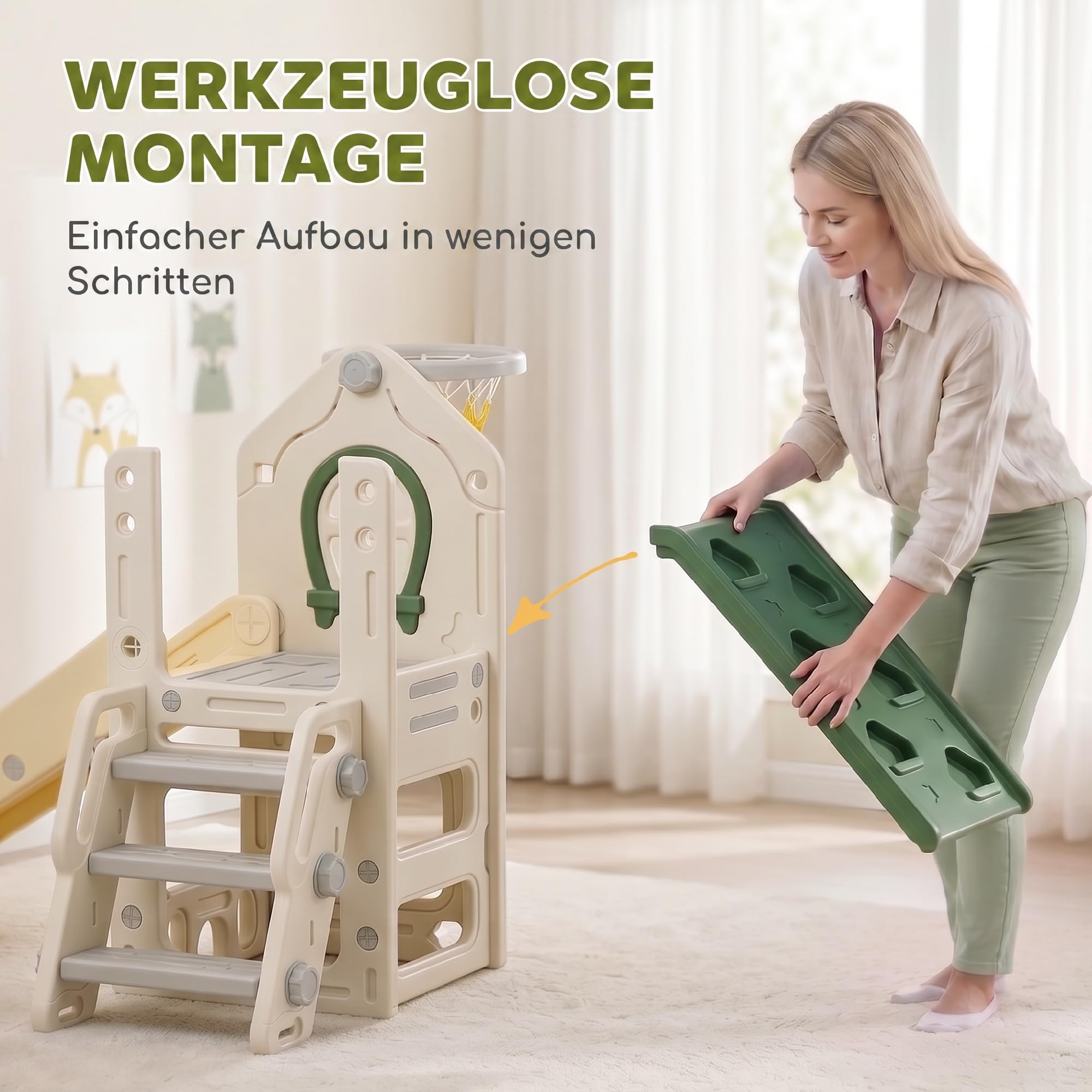 AIYAPLAY Tobogán plegable 4 en 1 para niños con elemento de escalada, canasta de baloncesto, espacio de almacenamiento y baloncesto, parque infantil para niños de 1 a 3 años, color blanco crema