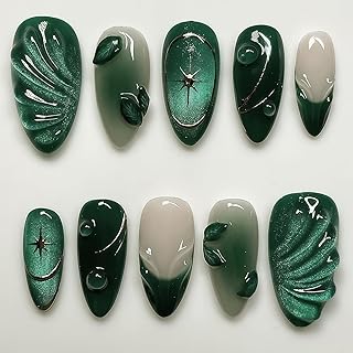 24 Stück Grüne Press on Nails Mittel Almond Fake Nägel mit 3D Grüner Wellenmuster Design, French Nägel zum Aufkleben mit Blätter Muster, Y2K Wiederverwendbare DIY Nägel für Frauen