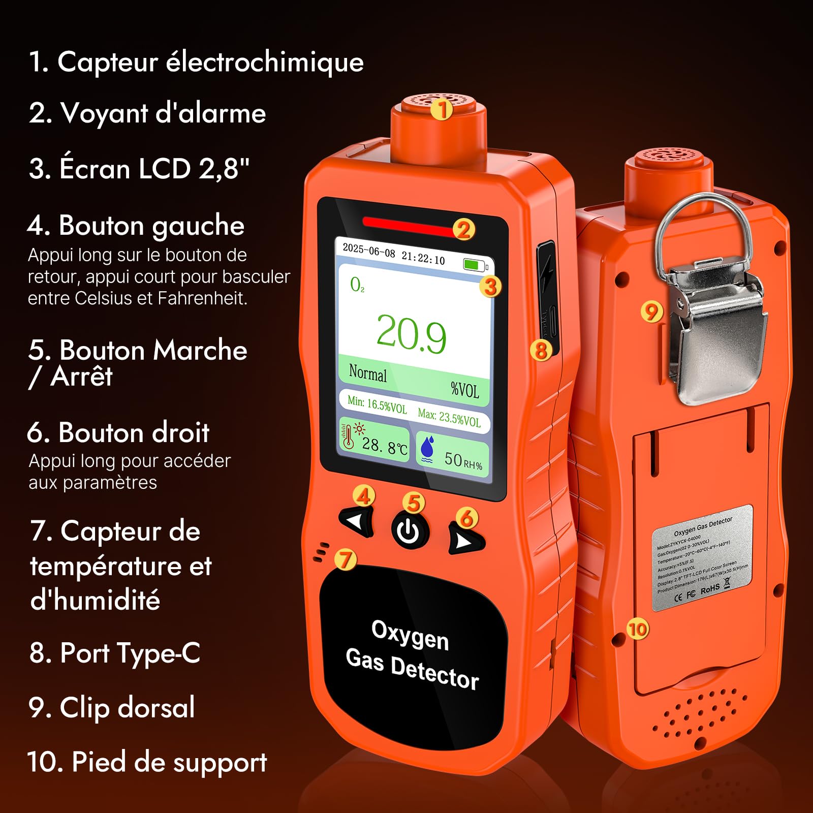 Détecteur d’Oxygène Portatif, Moniteur O2 Rechargeable avec Alarmes Sonores, Lumineuses et Vibrantes, Analyseur de Qualité de l’Air Oxygène Mesurant la Température et l’Humidité
