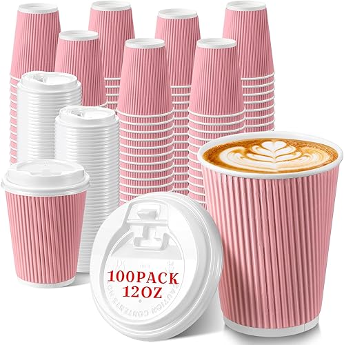 Tioncy 100 tazas de café desechables con tapas, tazas de papel, onduladas corrugadas, aisladas en la pared, tazas calientes con tapas para café,