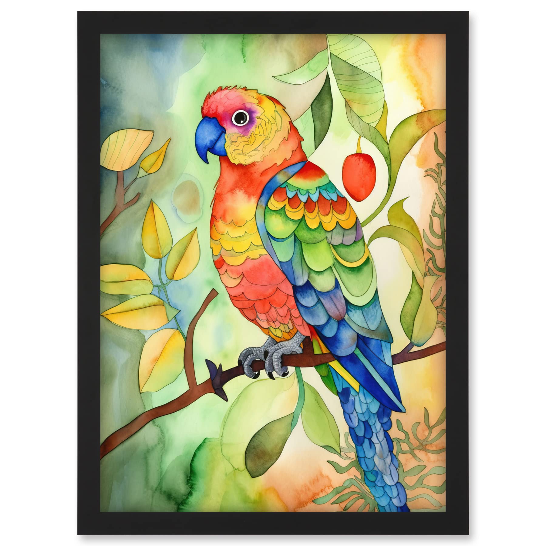Artery8 Parrot Bird On Tree Branch Folk Art Watercolour Painting Artwork Framed A3 Wall Art Print