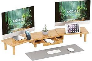 Bamboo Dual Desk Monitor Stand Riser with Drawer