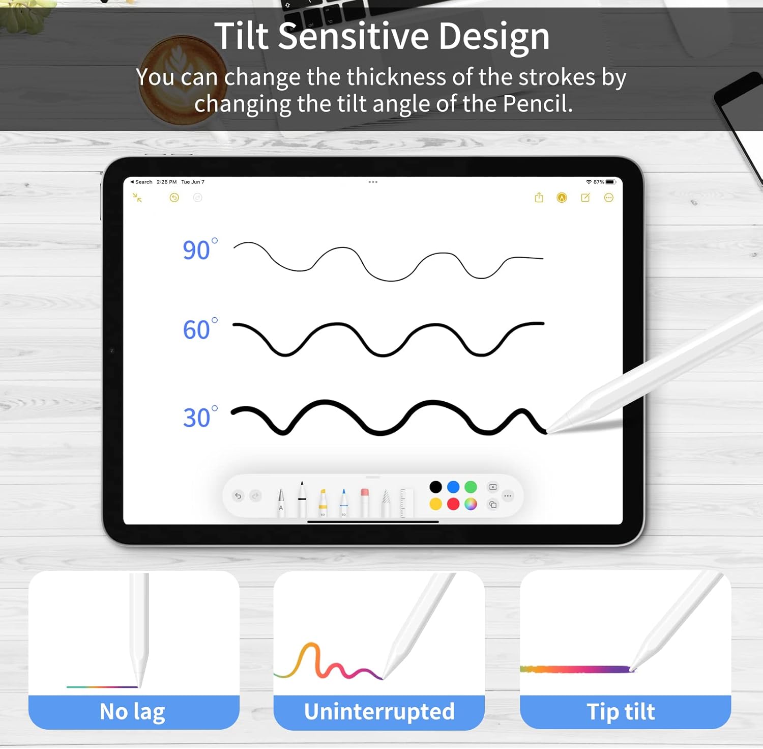 Diagram illustrating tilt sensitivity with different angles producing varying line thicknesses.