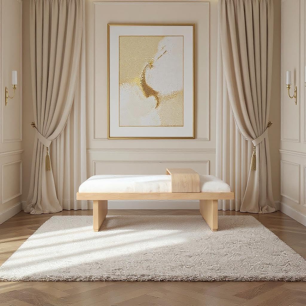 Meridian Furniture 22013Cream Arlington Collection Mid-Century Modern Bench with Soft Cream Chenille Fabric, Rich Natural Finish, Solid Wood, Sliding Wooden Tray, 65" W x 26" D x 19.5" H, Cream - Image 2