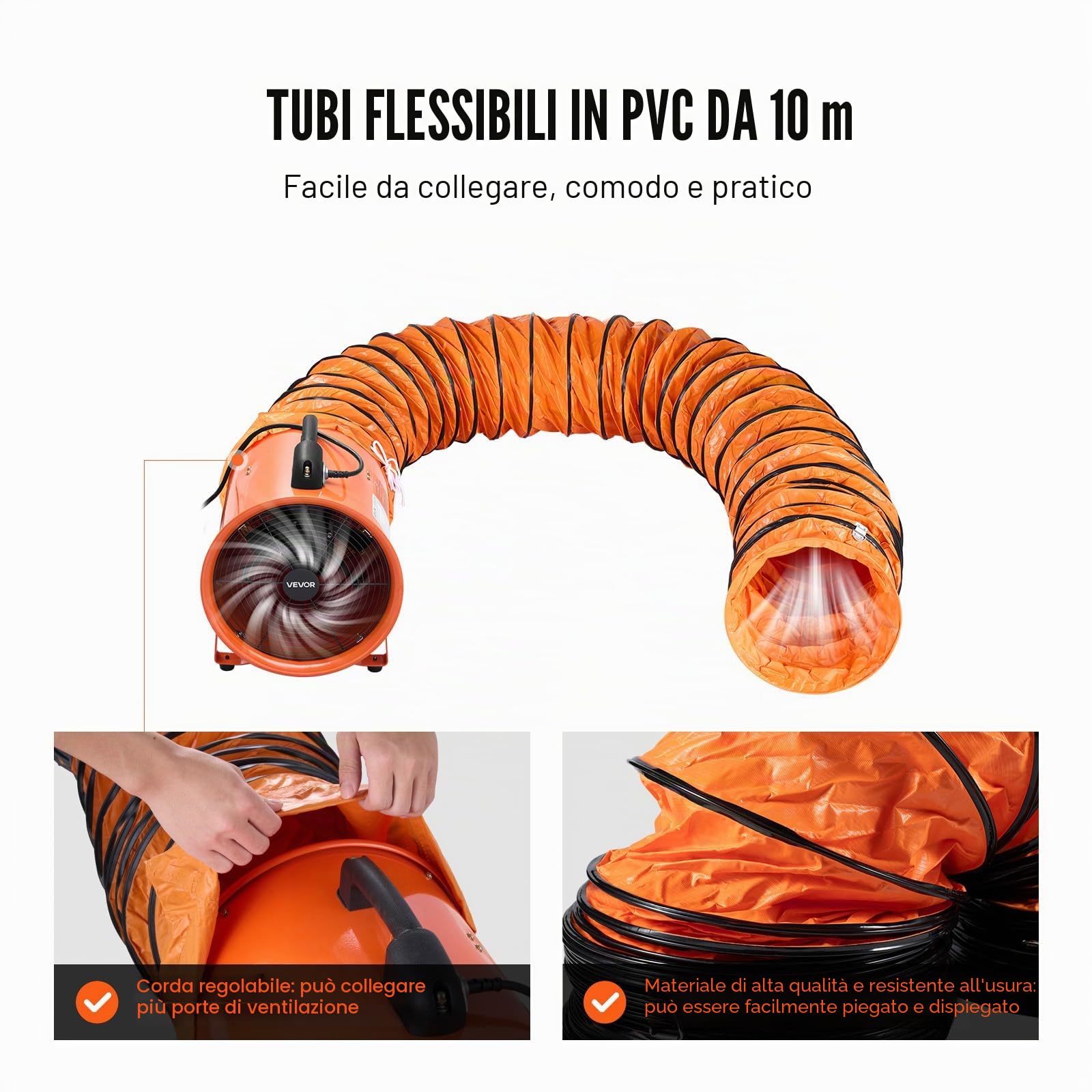 VEVOR Ventilatore Portatile, 900W Aspiratore Estrattore d'Aria Condotto Industriale 2850 RPM, Tubo Flessibile 10m Volume d'Aria 5175 CFM (8792 m3/h) 2 Marce per Aspirare Polvere Fumo Rumore 79dB IP44