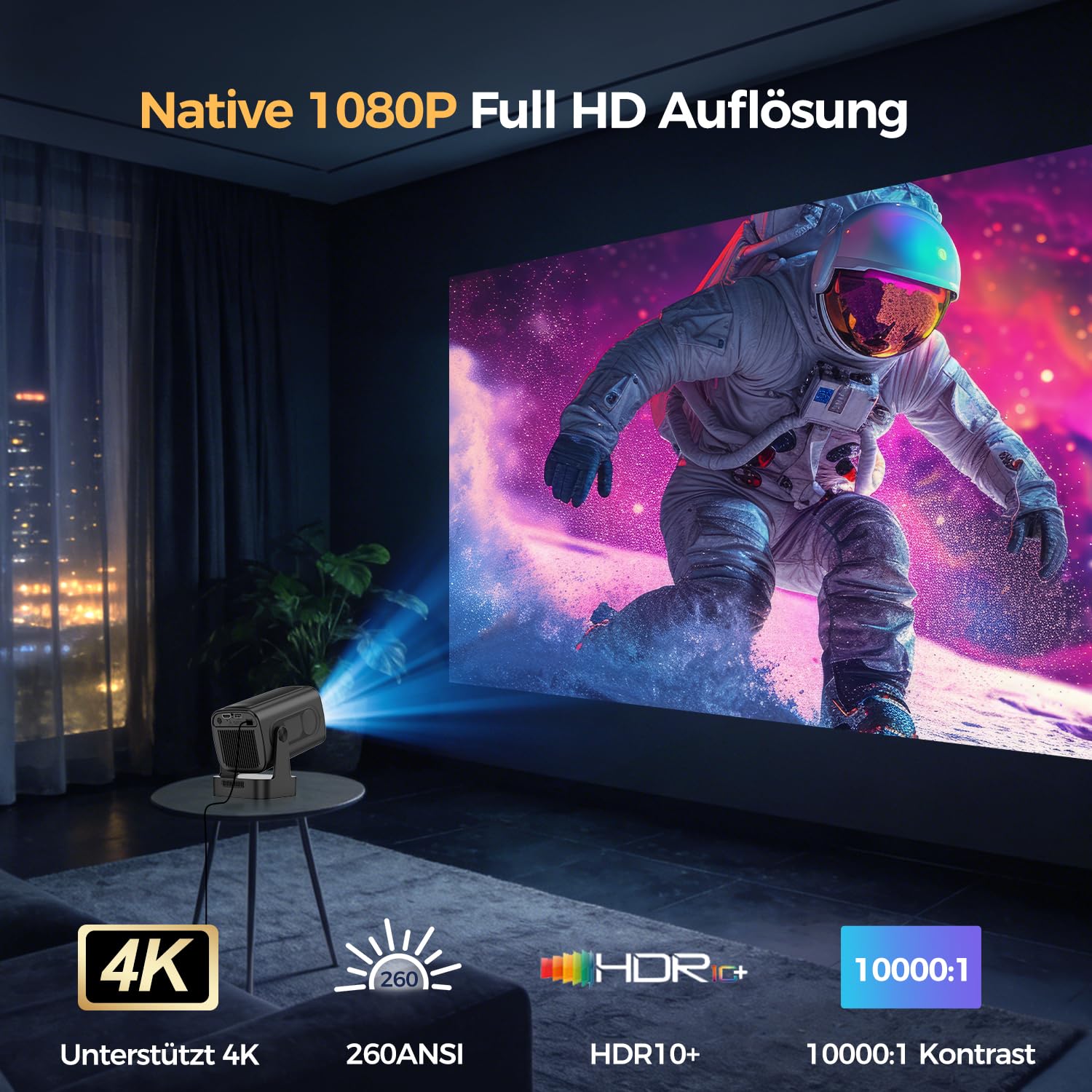 Alwtniet HY310 Mini Beamer 4K Unterstützt, 1080P Mini Projektor mit Autofokus & Automatische Trapezkorrektur, WiFi 6 Bluetooth 5.4, 180° Drehbar Android Heimkino Beamer