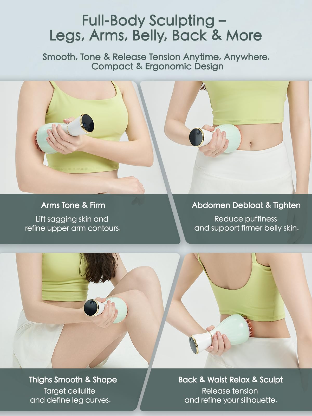 Massaggiatore e strumento per massaggio linfatico, scolpire il corpo e blaster per cellulite, con luce, calore e vibrazioni, per gambe, braccia e pancia (verde sfumato)