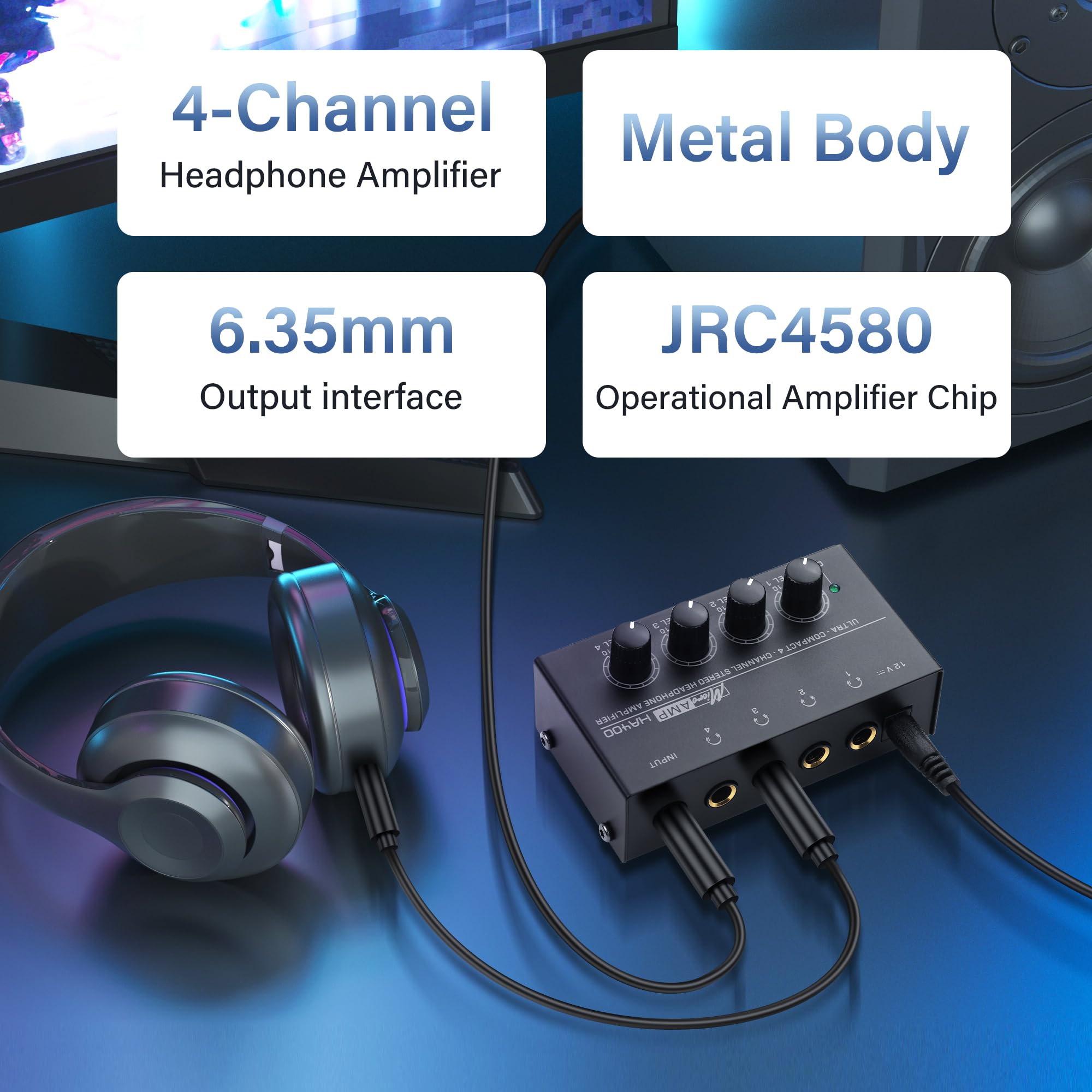 SinLoon HA400 4 canaux amplificateur de Casque stéréo, métal Mini Splitter Audio avec contrôle de Volume indépendant, 1/4 "Sortie et entrée TRS, avec Adaptateur 12V pour Studio, scène, PC, Guitare