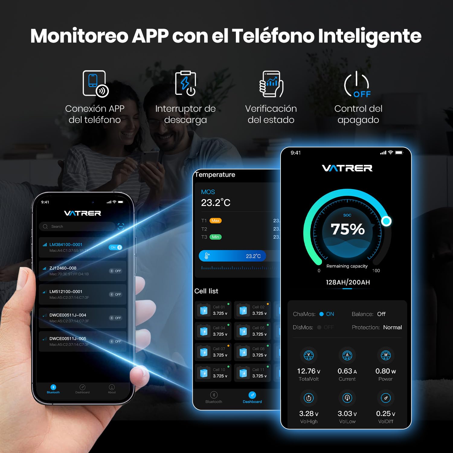 VATRER POWER Batería LiFePO4 12V 200Ah con Bluetooth y BMS 200A | Bluetooth, 2560W, más de 5000 ciclos, batería de ciclo profundo ideal para autocaravanas, barcos y sistemas solares