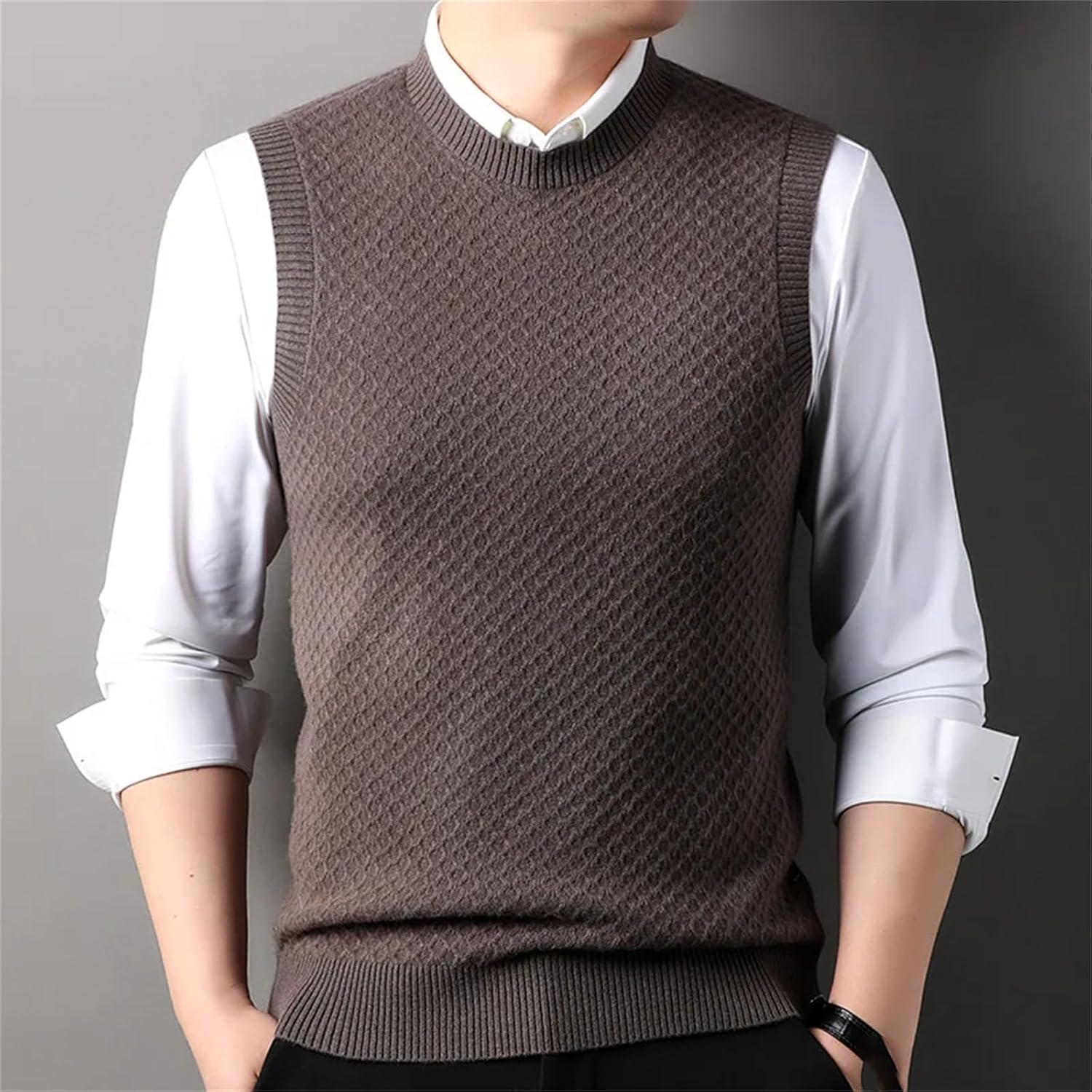 Mens Fashion Designer Sweater Vest Casual Pure Wool Sleeveless Waffle Pattern O-Neck Pullover Casual Sweater