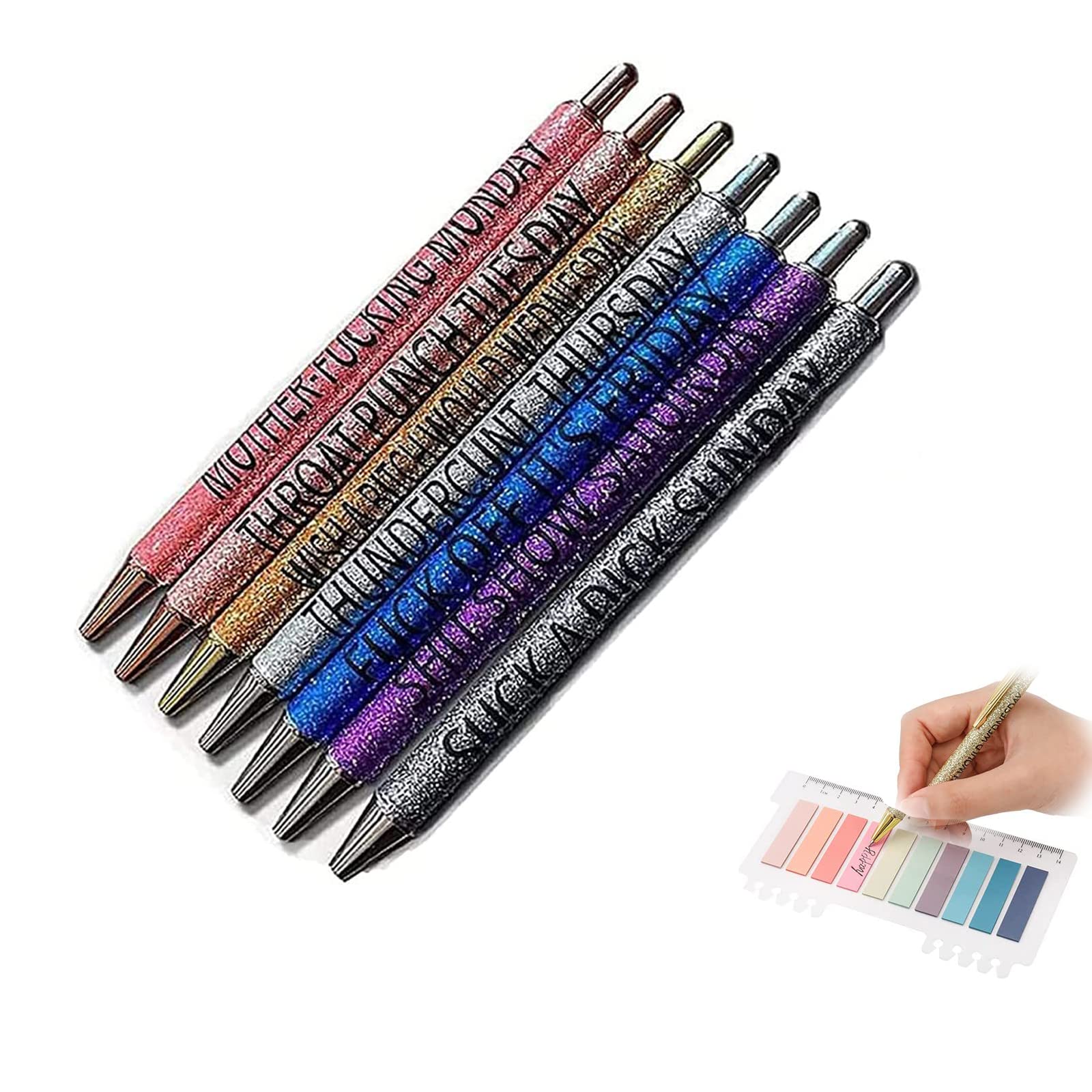 7PCS Funny Pens-Swear Word Daily Pen Set, Weekday Vibes Glitter Pen Set, Dirty Cuss Word Pens for Each Days of the Week, Funny Pens for Adults, Funny Office Gifts