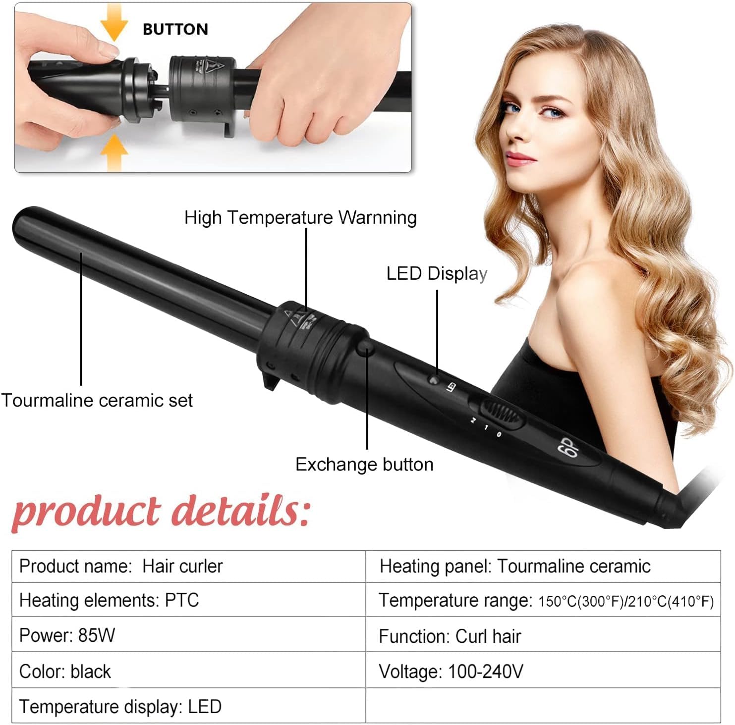 Tenacilla de Pelo Profesional, Moldeador de Pelo, 5 en 1 Rizador de Pelo, Recubrimiento Cerámico, Guante Resistente, Temperatura Ajustable 150℃-210℃, Cable Profesional Giratorio