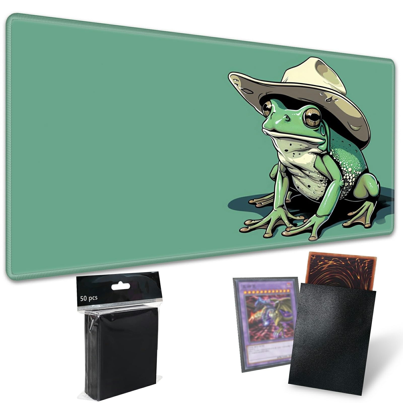 SROJDHFJB MTG Playmat TCG Board Game Mat Plus 50 Pcs Card Sleeves, 24 x 14 Table Mats Game Mousepad with Soft Surface Non-Slip Base for MTG Trading Card Game Playmats, Green Frog