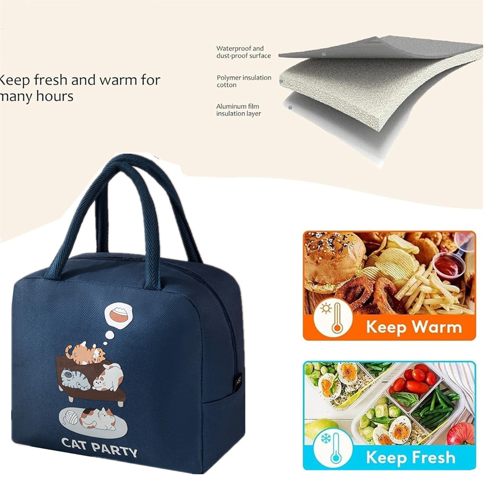 Borsa Termica Per Pranzo - Impermeabile, Isolata, Design Gatto Navy, Per Bambini, Scuola, Picnic E Viaggi