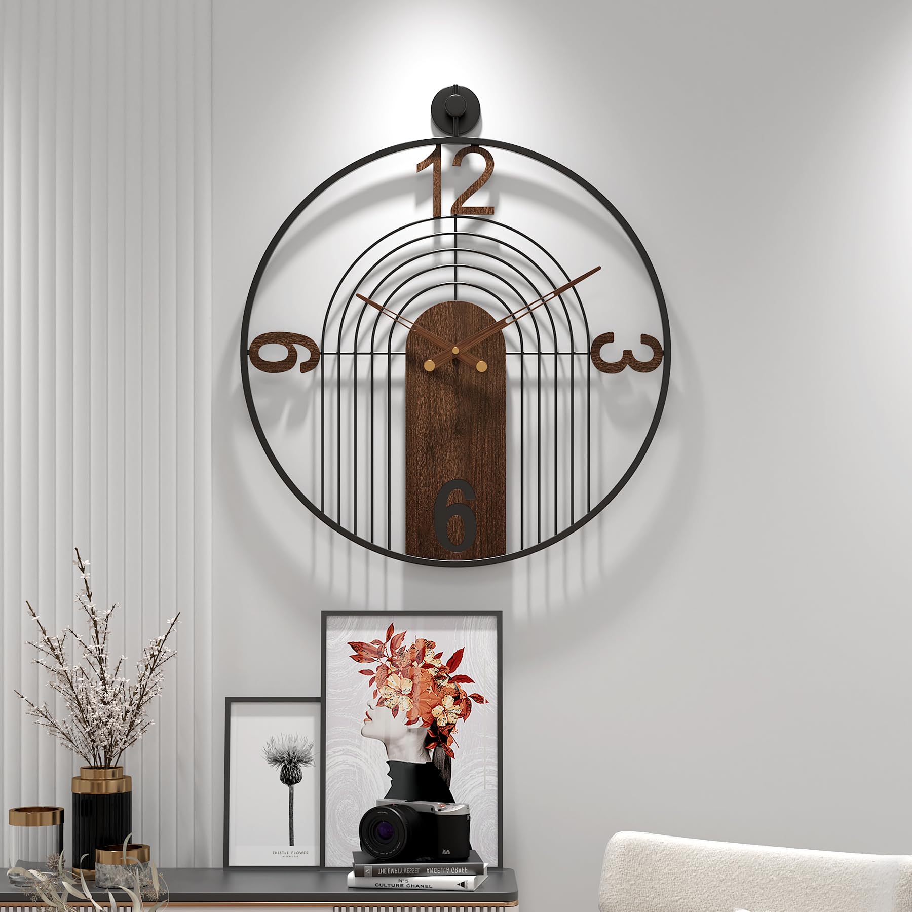 VIVIFLYSE Large Modern Walnut Dial Wall Clock, Wood Metal Frame Silent Non Ticking Decoration Wall Clocks for Living Room, Bedroom, Kitchen, Study, Handmade Home Decor Gift Idea, 60CM