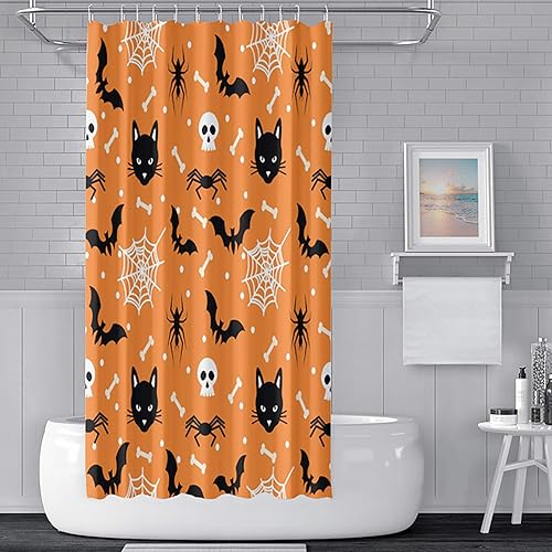 Miniatura 5 de DASHAN Bonita cortina de ducha de Halloween, arañas de terror, murciélagos, calaveras, cortinas de ducha para baño, cortina de baño espeluznante de