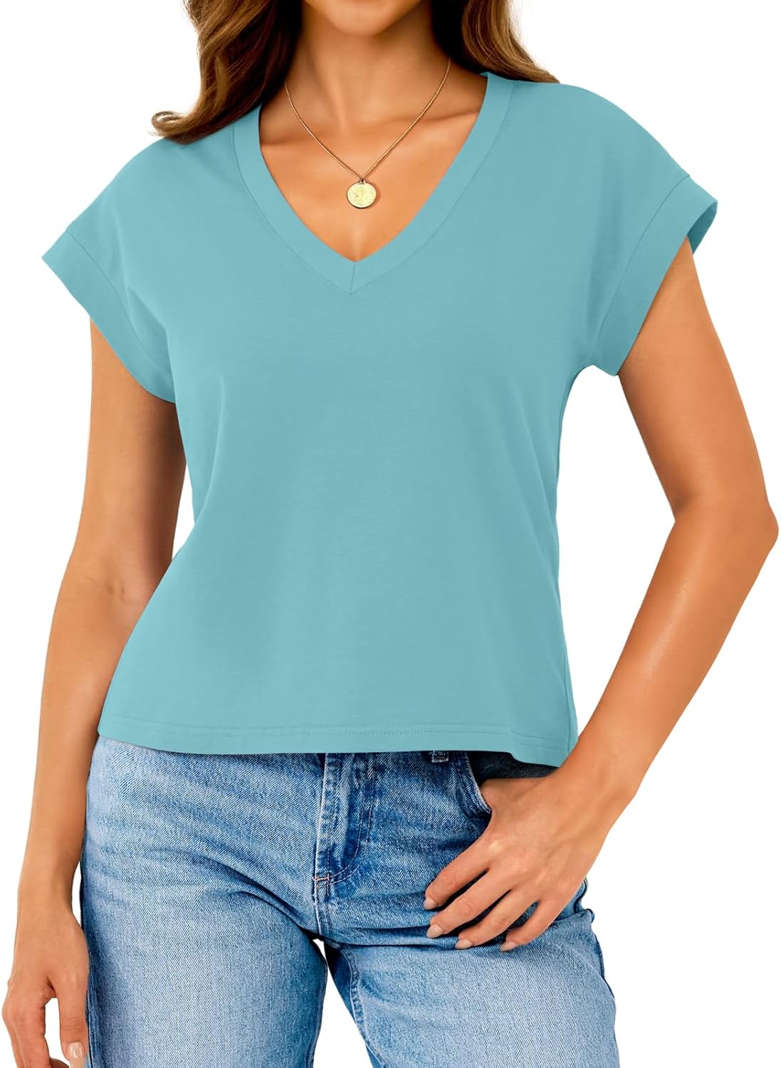 Womens Cotton Tops Cap Short Sleeve Crop V Neck Basic Shirts Boxy Casual Spring Summer Clothing Outfits - Image 2